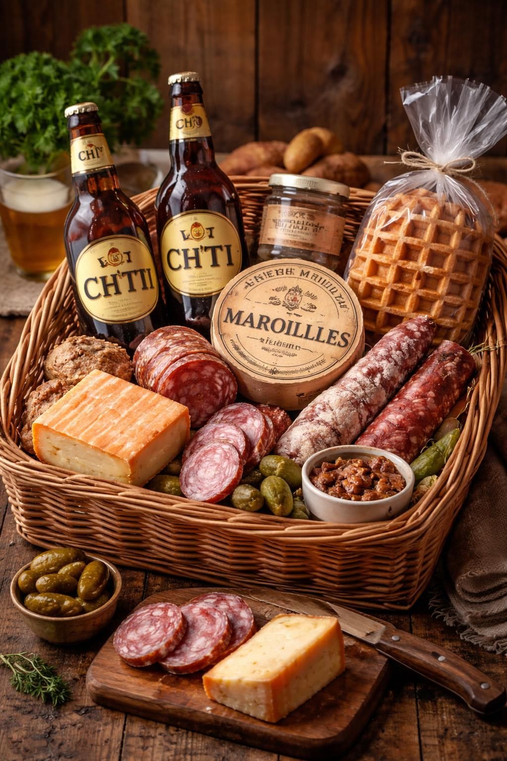 découvrez un panier gourmand du nord rassemblant les spécialités locales : bière ch'ti authentique, fromage maroilles savoureux, et bien d'autres délices régionaux à savourer.