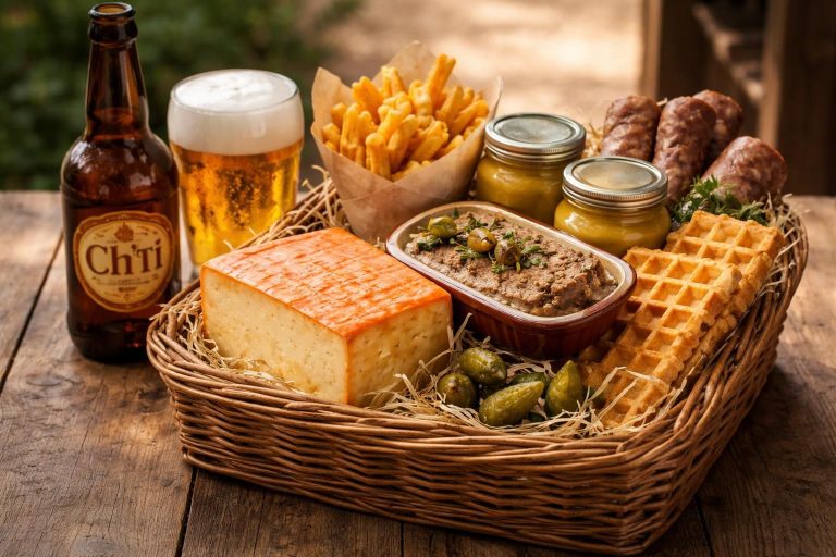 découvrez un panier gourmand du nord de la france avec la bière ch'ti et le fromage maroilles, une sélection savoureuse des spécialités régionales à offrir ou à déguster.