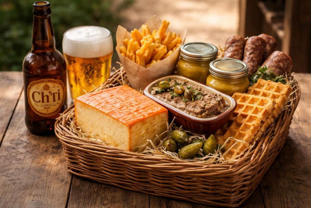 Spécialités du Nord en panier gourmand avec bière Ch’ti et Maroilles